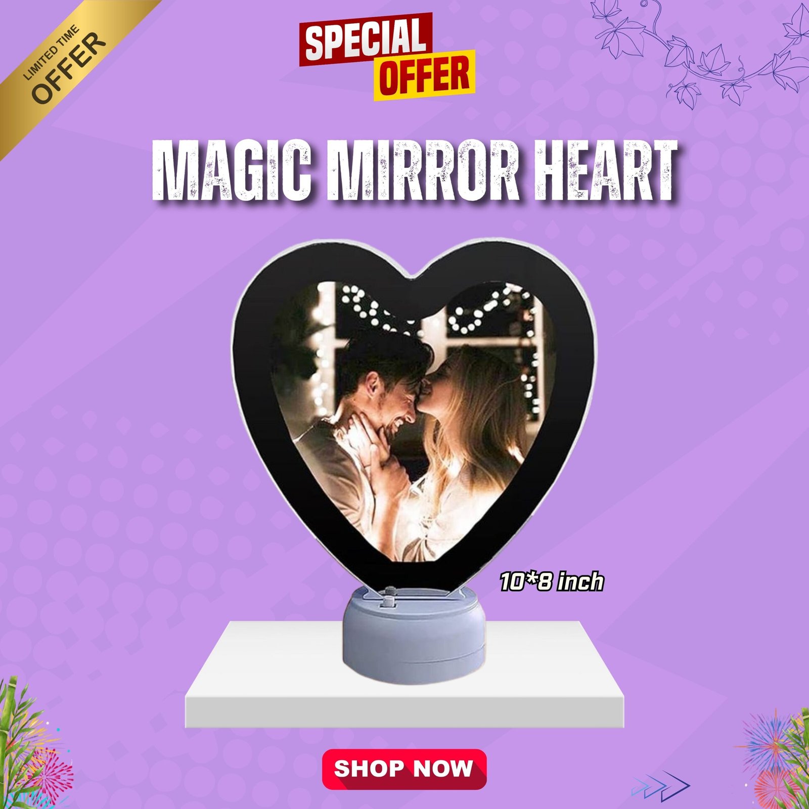 Heart-shaped magic mirror 10x8 inch with LED photo reveal