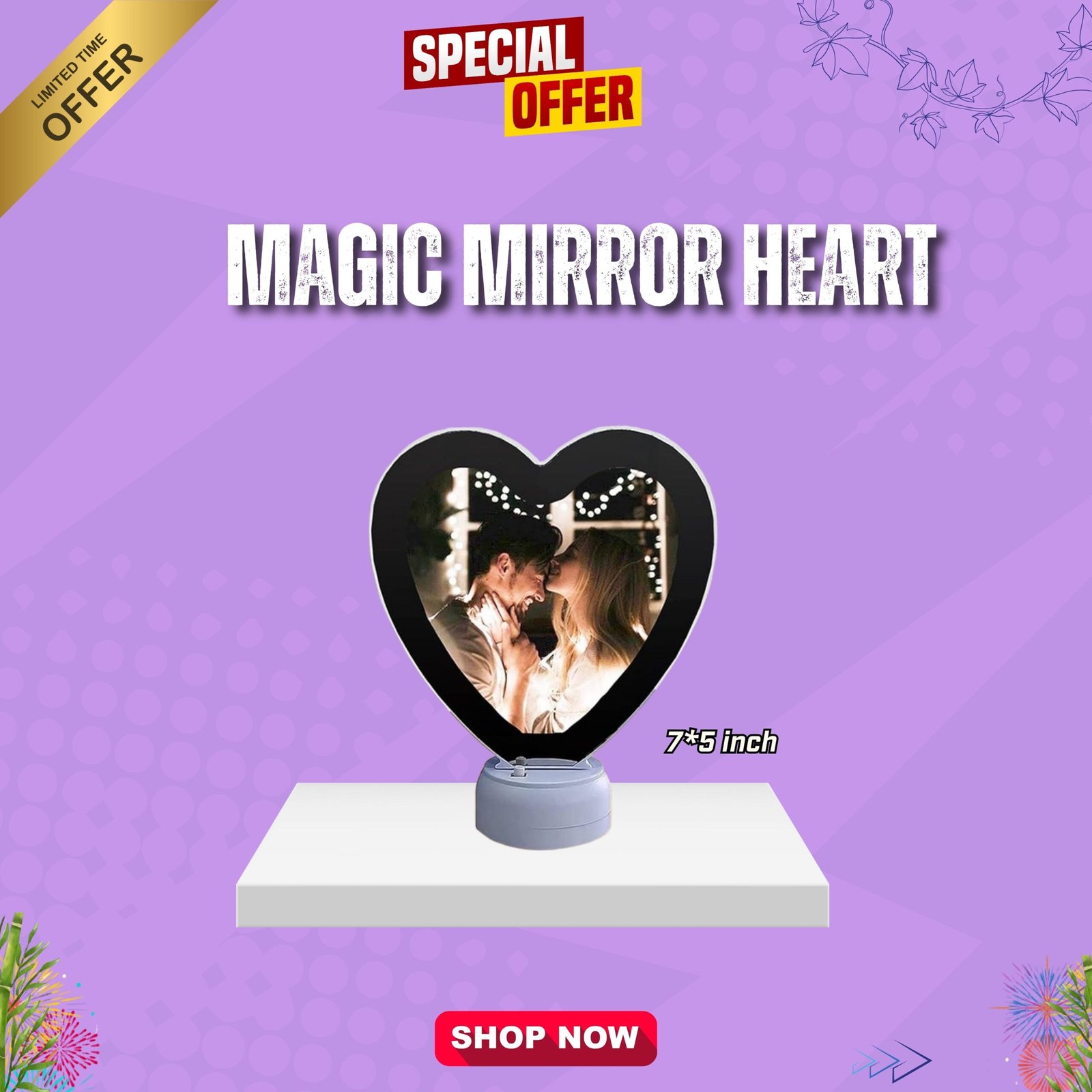 Heart-shaped magic mirror 7x5 inch with LED photo reveal