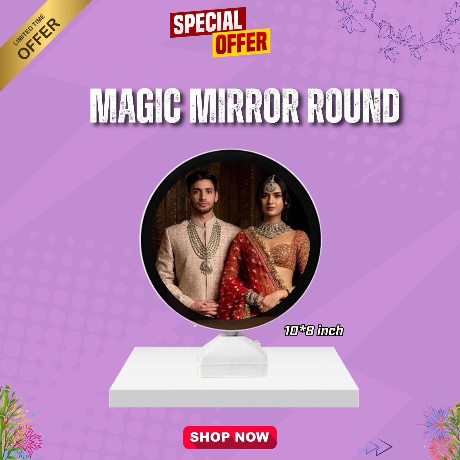 Round magic mirror 10x8 inch with LED photo reveal