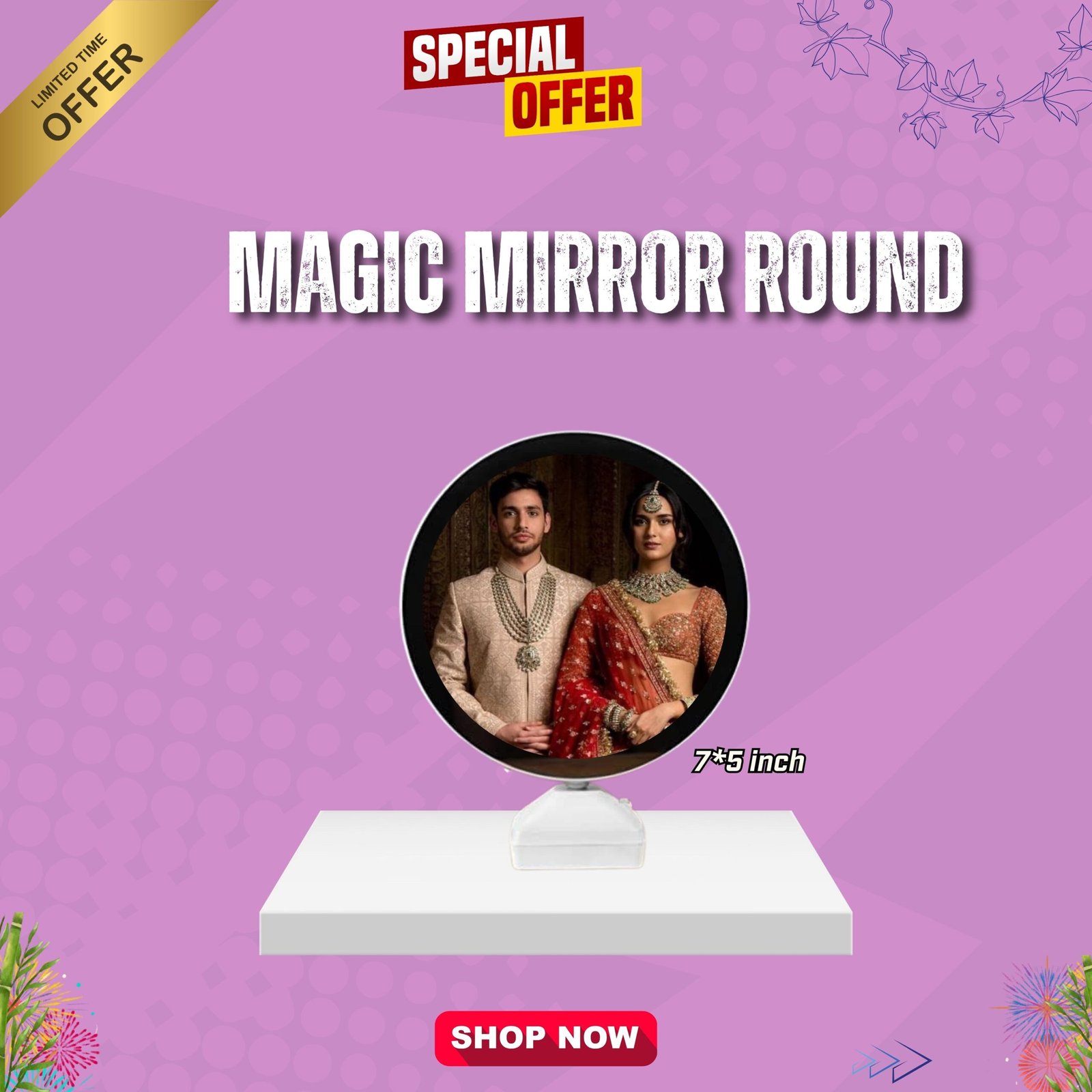 Round magic mirror 7x5 inch with photo LED light