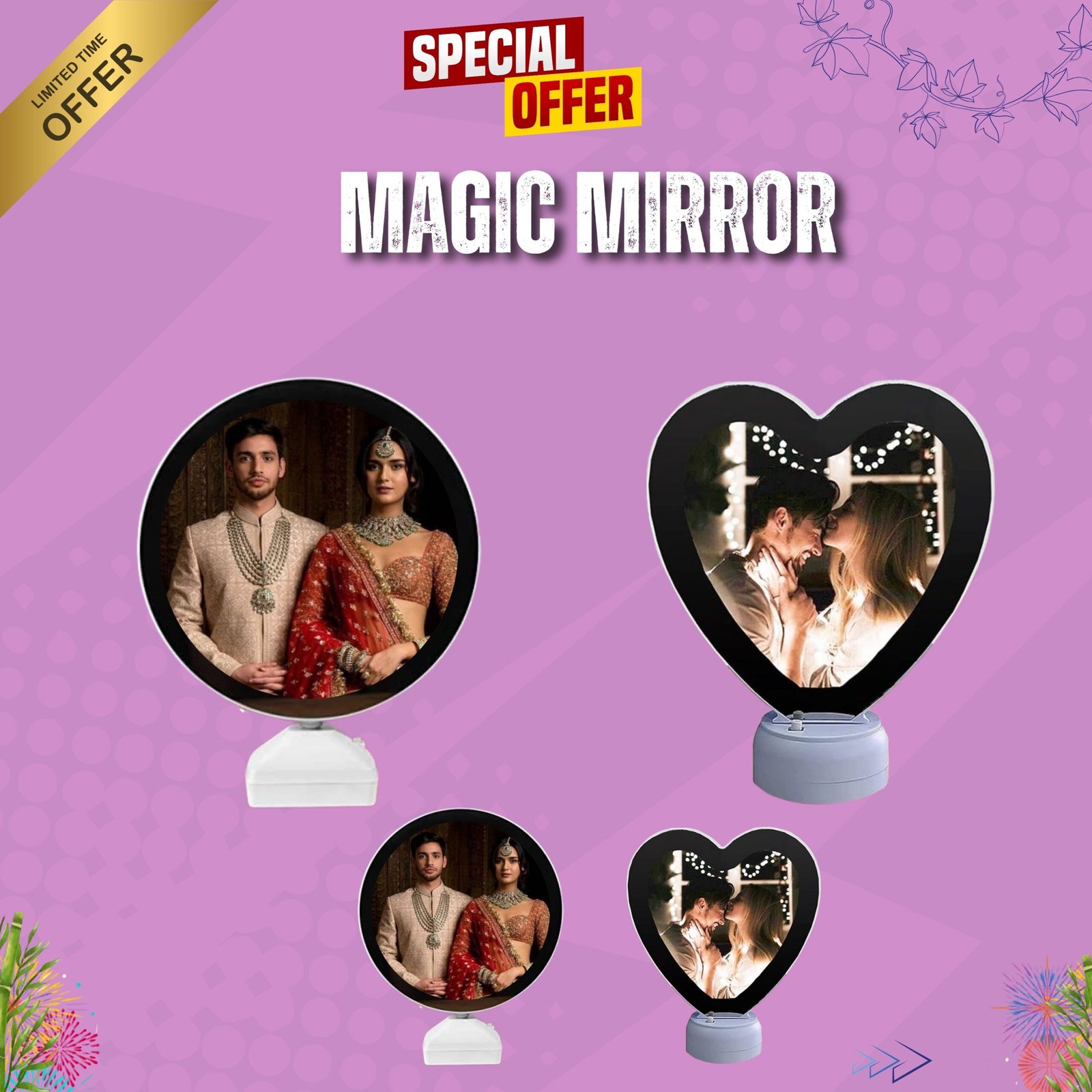 Magic Mirror Gift – 7x5 / 10x8 Inch Personalized heart LED mirror for gifting
